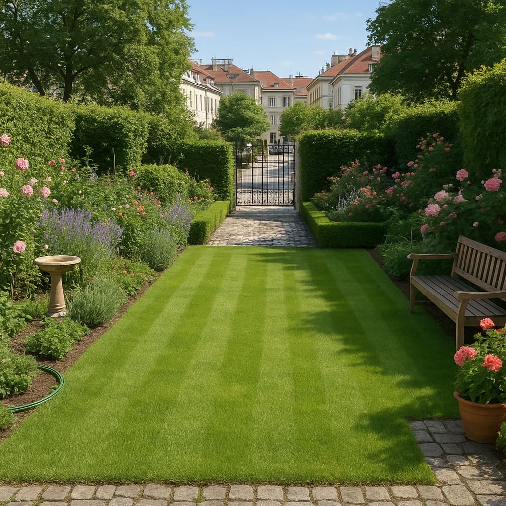 Gepflegter Garten mit frisch gemähtem Rasen und geschnittenen Hecken in Wien