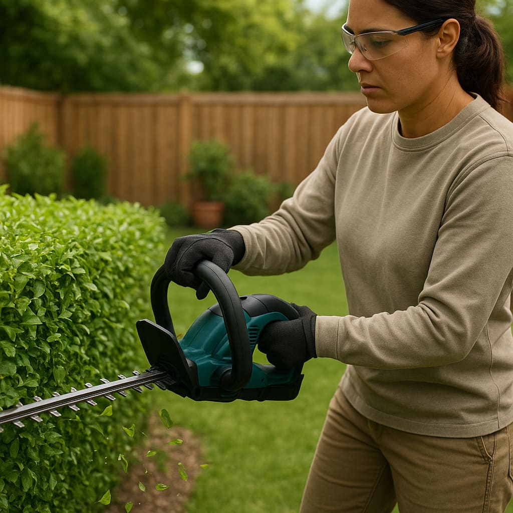 Heckenschnitt in einem gepflegten Wohnhausgarten